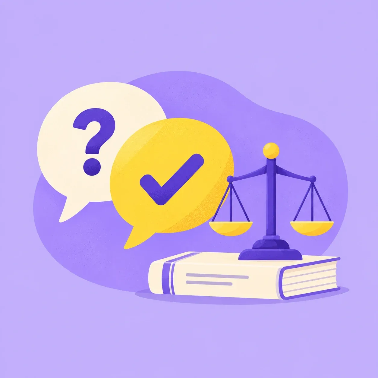 Illustration of speech bubbles with a question mark and a check mark next to a balance scale