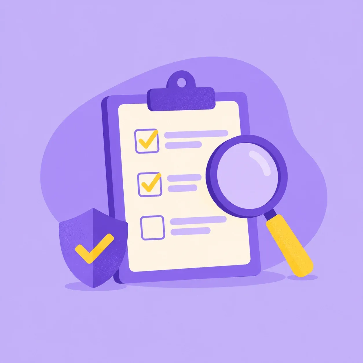Illustration of a clipboard checklist with a magnifying glass and a shield