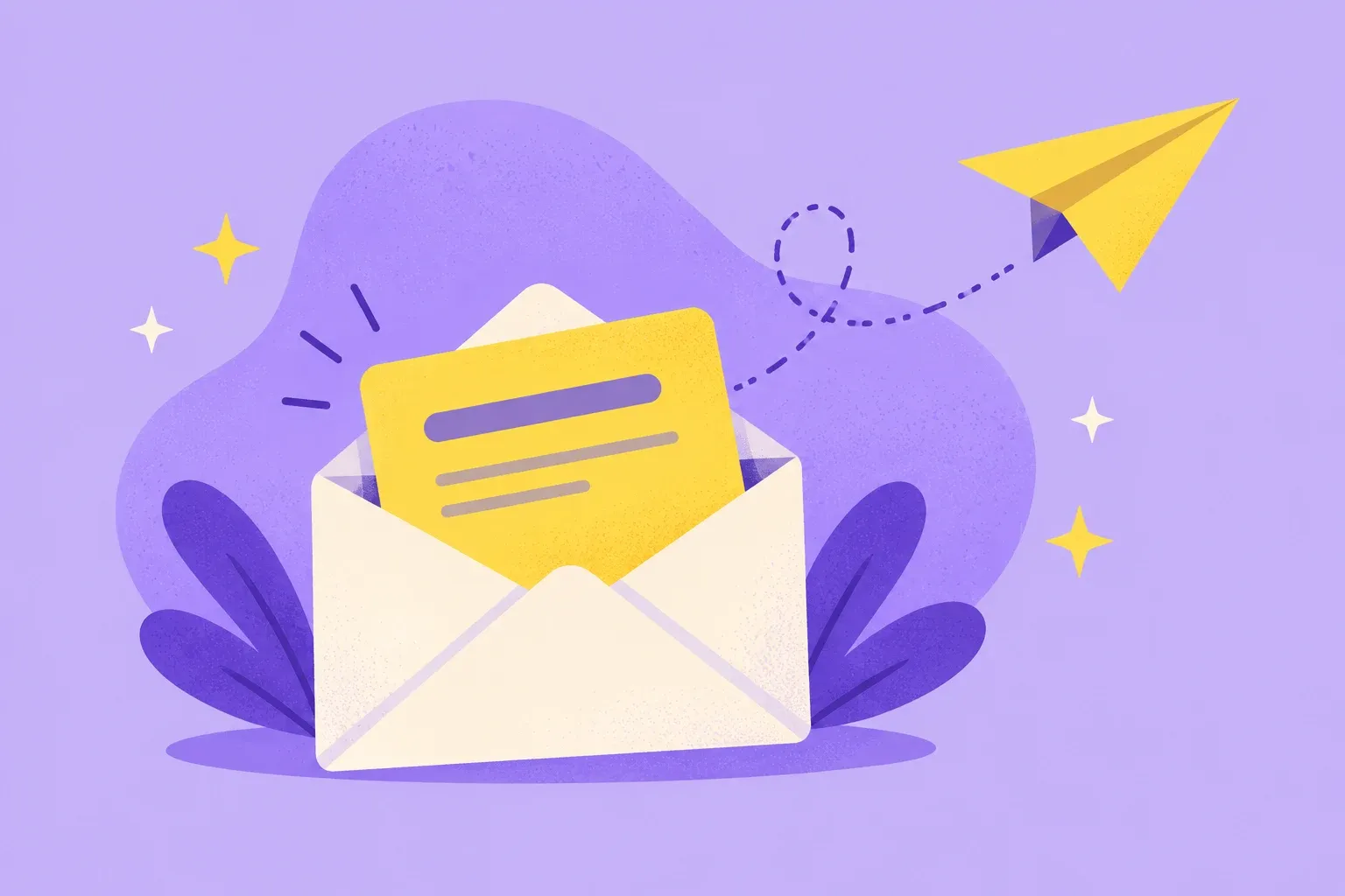 Illustration of an open envelope with a card and a paper plane flying away