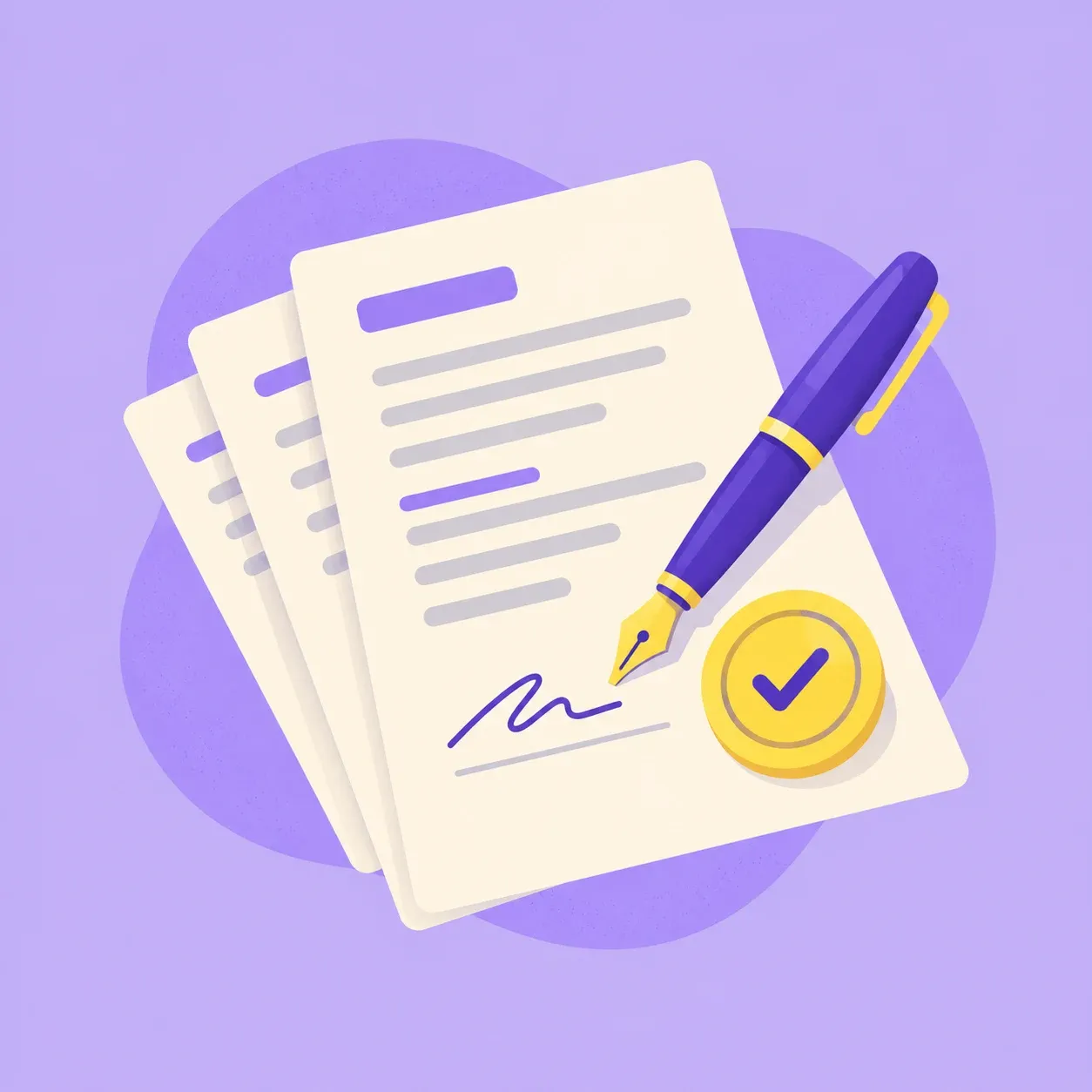 Illustration of a stack of documents with a pen and a yellow approval stamp