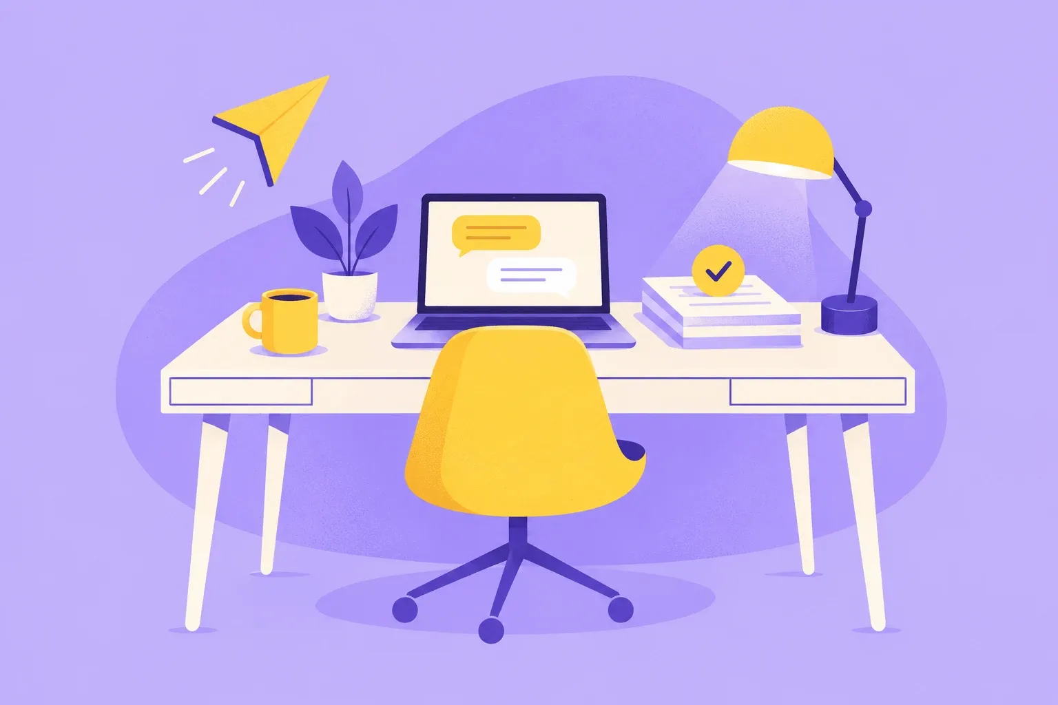 Illustration of a small-business desk with a laptop showing a chat conversation and a checked-off document