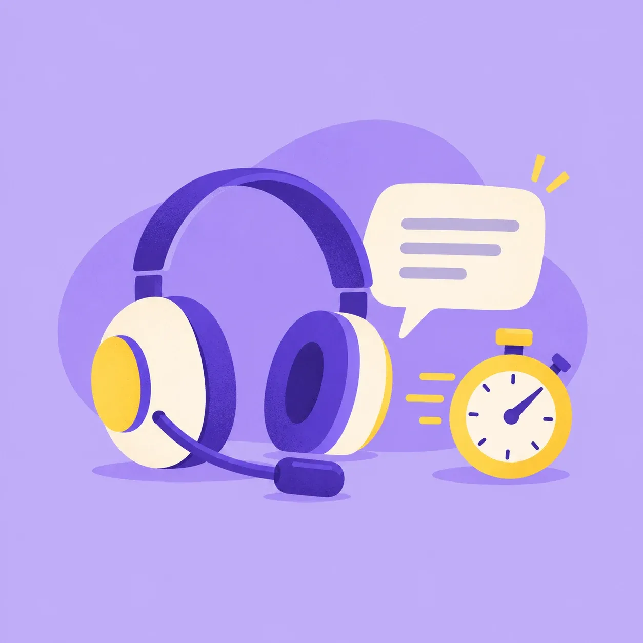 Illustration of a headset next to a speech bubble and a stopwatch
