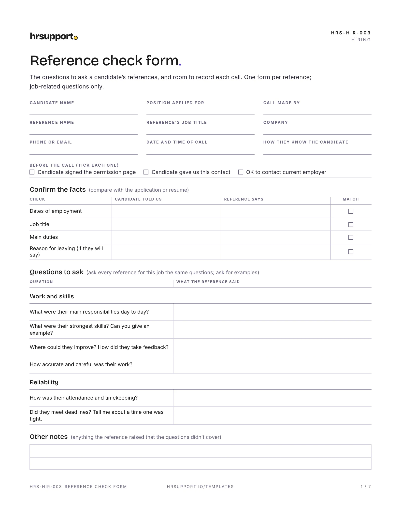 First page of the reference check questions and form
