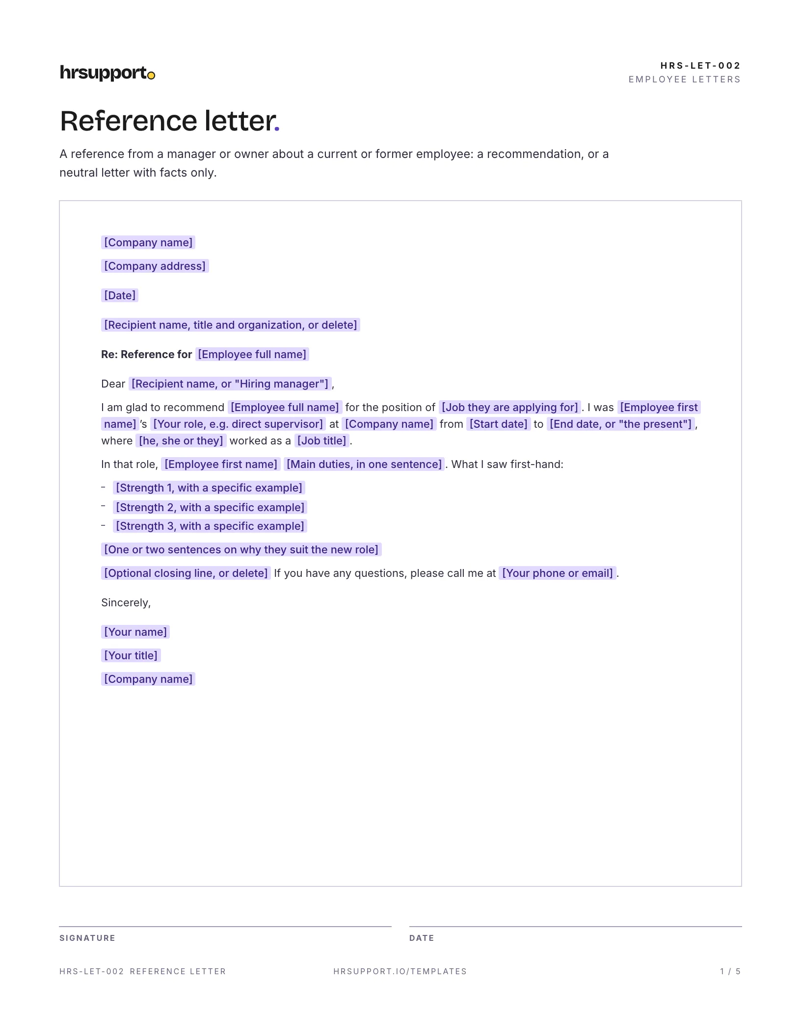 First page of the reference letter template